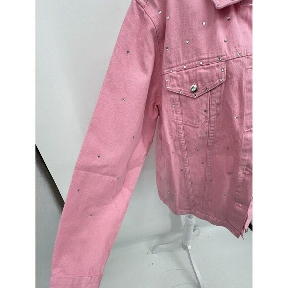 Quacker Factory Womens Denim Jacket Size L Pink Button Up Rhinestone Bling Y2K - Picture 8 of 16